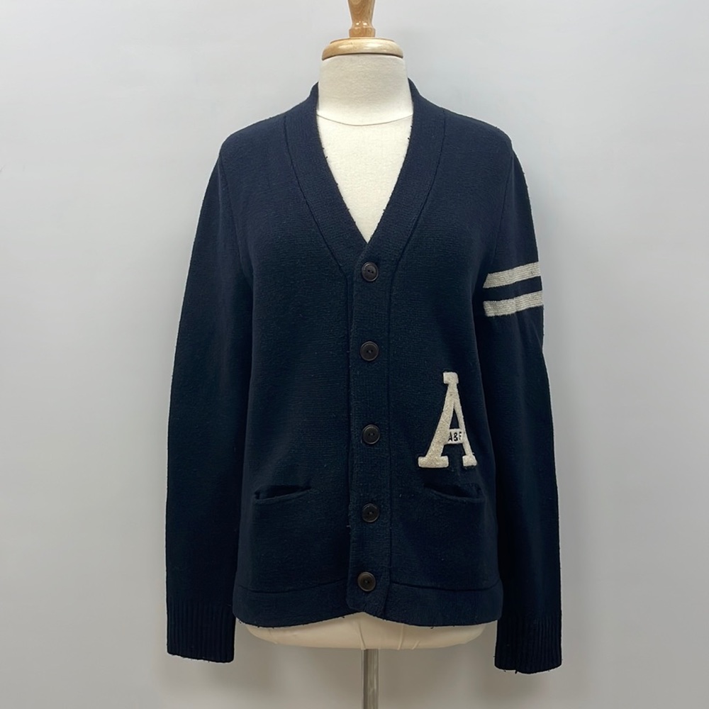 Abercrombie & Fitch Navy Cardigan with White Stripes & Letter Patch